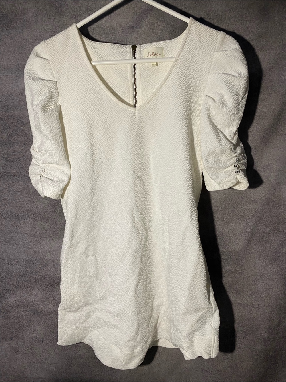 Deletta Anthropologie White Puckered Puff Sleeve Zip Back Dress S LWD